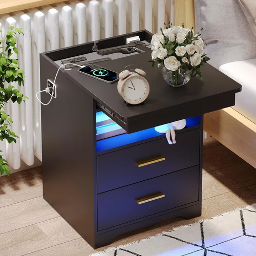 Mesita de noche con cajón para armas, mesa de noche con carga y puerto USB y tipo C, mesita de noche LED con luz sensora humana, mesa auxiliar