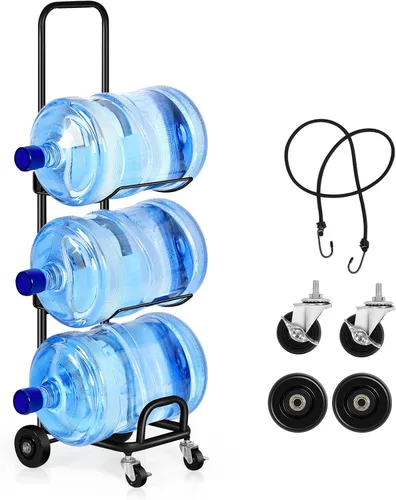 Soporte para botella de agua de 5 galones, soporte dispensador de jarra de agua movible de 3 niveles con 4 ruedas, organizador de botellas de agua