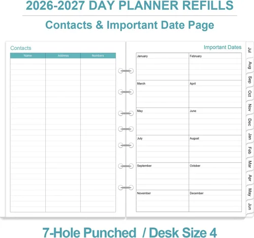 Miniatura 5 de Recambios de agenda 2026-2027, agenda diaria y mensual de una página por día, julio de 2026 a junio de 2027, 7 agujeros perforados, priorizada