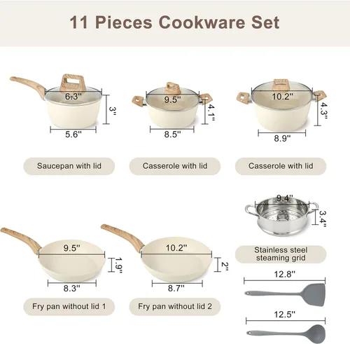 Miniatura 2 de FAB&DELUXE Juego de 11 piezas de utensilios de cocina antiadherentes, ollas y sartenes antiadherentes de aluminio con tapas y asas de madera, Caqui