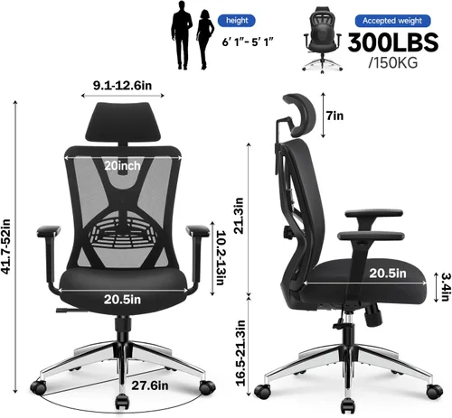Miniatura 3 de Ticova Silla de oficina ergonómica – Silla de escritorio con respaldo alto con soporte lumbar ajustable, reposacabezas y reposabrazos 3D – Silla