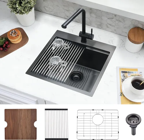 Miniatura 15 de Fregadero de barra negra de 15 x 15 pulgadas, fregadero de cocina pequeño de acero inoxidable negro calibre 16, fregadero de estación de trabajo