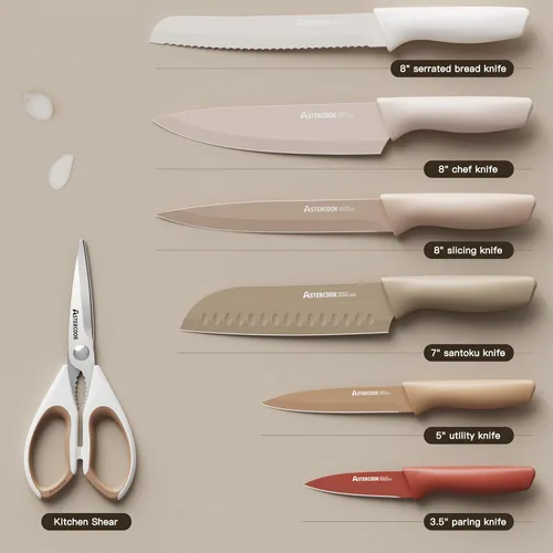 Miniatura 5 de Astercook Juego de cuchillos, juego de 13 piezas de cuchillos de cocina con revestimiento saludable antióxido, apto para lavavajillas, juego de Crema