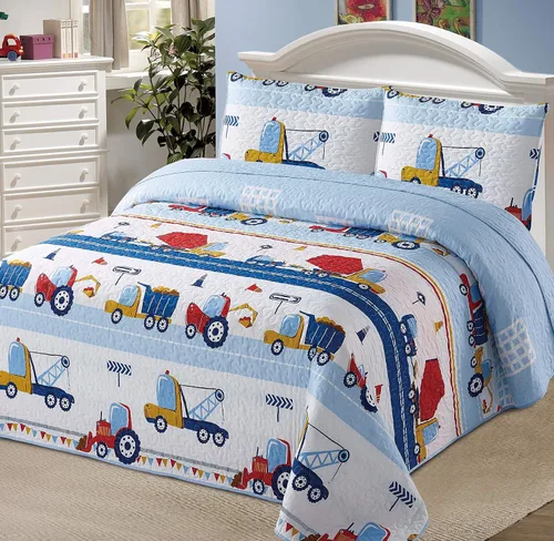 Kids Zone Home Linen Juego de colcha individual de 2 piezas para niños, construcción, trabajo, carretera, camiones, azul, rojo, amarillo