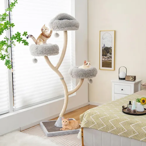 Miniatura 2 de Tangkula Árbol alto para gatos, torre grande de varios niveles para gatos de 70 pulgadas con 3 perchas cálidas, 3 bolas de tintineo, postes Gris