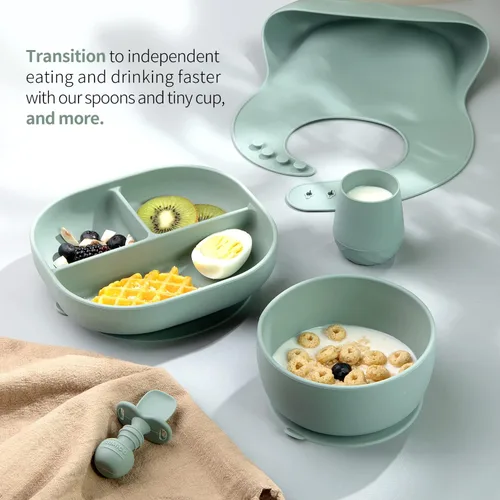 Miniatura 5 de SAMiGO Utensilios de silicona para bebés – Cucharas de autoalimentación y pequeña taza de entrenamiento – Suministros de destete LED para bebés