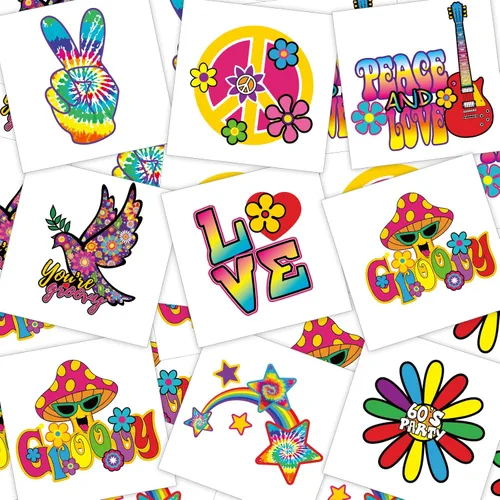 Chinco 144 calcomanías de tatuaje temporales hippie de los años 70, 80, 90, recuerdos de fiesta, tatuajes hippie, impermeables, tatuajes faciales