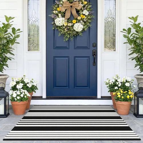 Miniatura 16 de KOZYFLY Alfombra a rayas blancas y negras de 2 x 3 pies, tejido de algodón, lavable, para interiores y exteriores, alfombra pequeña para puerta