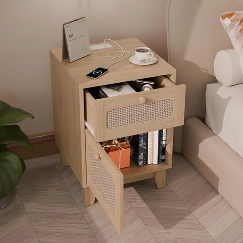 Miniatura 5 de Betterhood Mesitas de noche de ratán con estación de carga, mesitas de noche de madera con cajón y gabinete, mesitas de noche bohemias con USB