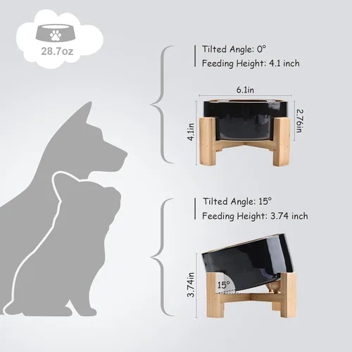 Miniatura 4 de SPUNKYJUNKY Cuenco de cerámica inclinado de 15° para perros y gatos con soporte de madera, cuenco inclinado para comida y agua para bulldog, Azul