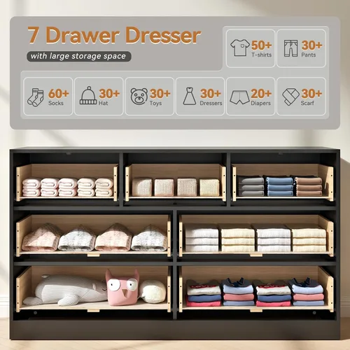 Miniatura 3 de Cómoda negra con 7 cajones, cómoda acanalada de 55 pulgadas de ancho para dormitorio con mango de metal, cómoda, soporte de TV de madera para Negro