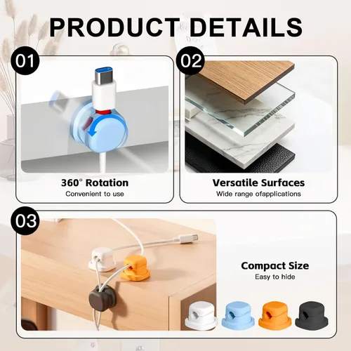 Miniatura 2 de Soporte de cable giratorio para mesita de noche, clips magnéticos giratorios de 360°, organizador de cable adhesivo fuerte para teléfono, hogar