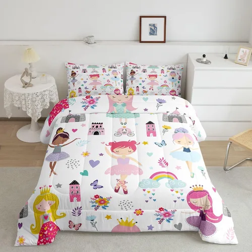 Miniatura 2 de Juego de Edredón de Princesa de Ballet para Niñas Tamaño Individual, Juego de Ropa de Cama de Castillo Arcoíris Kawaii Flores Lindas Mariquita Multi