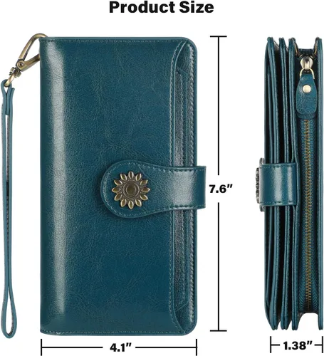 Miniatura 7 de Lavemi Carteras de cuero genuino de gran capacidad con bloqueo RFID para mujer, tarjetero con correa para la muñeca