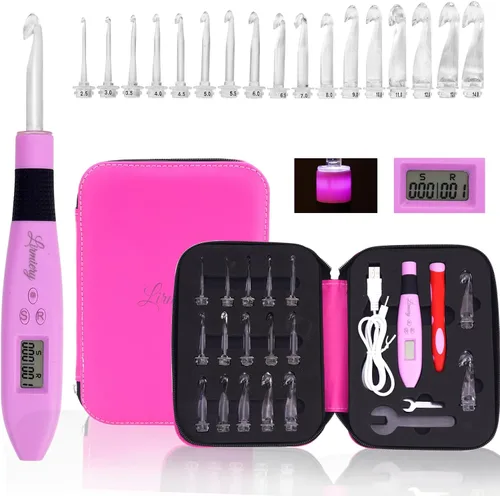 Miniatura 9 de Juego de Ganchos de Ganchillo con Cuenta Digital, Gancho de Ganchillo Ergonómico con Luz LED y 2 Niveles de Brillo Ajustable, Ganchos de Ganchillo