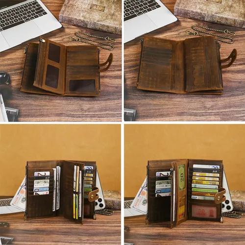 Miniatura 35 de Genuino Caballo Loco Cuero Regalo de Viaje Moneda Bolsillo Tarjetero Organizador Largo Cadena Rfid Cartera Monedero Con Broche Para Hombres Hombres