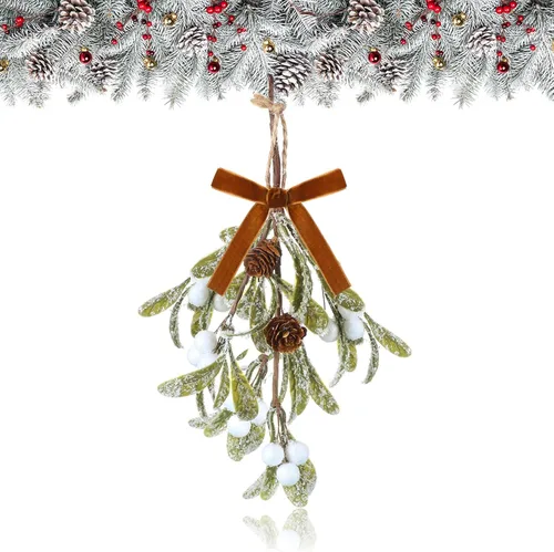 Giegxin 1 pieza Adorno de Navidad Artificial de Muérdago Colgante con Lazo Rojo Bouquet de Adornos Colgantes de Navidad Floral con Piñas Naturales