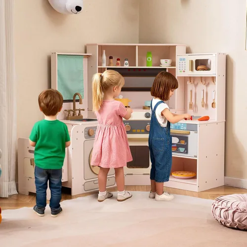 Miniatura 7 de INFANS Cocina esquinera para niños, juego de madera con carrito telescópico, luces realistas, sonidos, máquina de hielo, cajones de tela, horno