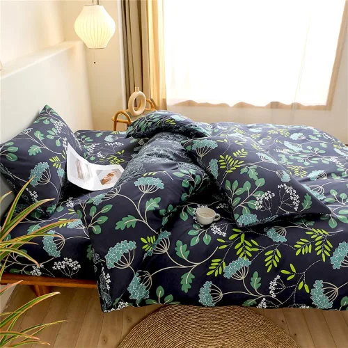 Miniatura 2 de Koudi Juego de funda de edredón floral botánica, tamaño individual, color azul marino, verde, ramas de plantas, reversible, juego de ropa de cama