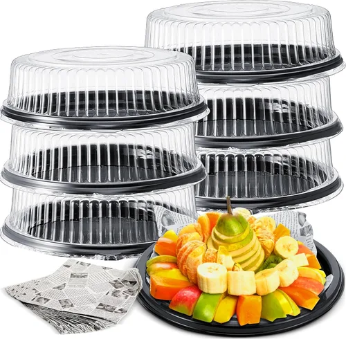 Miniatura 7 de Tessco - 6 bandejas y tapa de servicio resistente, 12 hojas de papel de cera de delicatessco, platos redondos de plástico negro con tapas