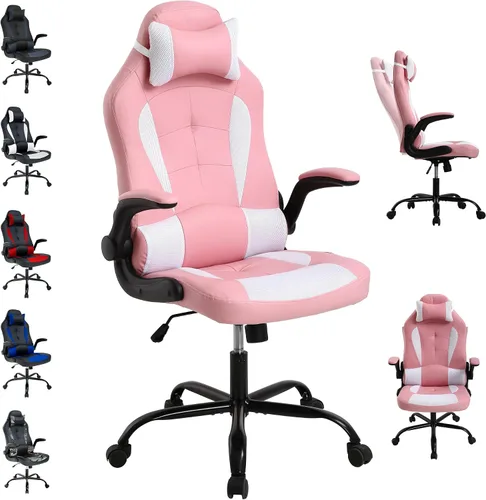 Silla de juegos con reposacabezas y soporte lumbar, grande y alta, altura ajustable, silla ergonómica para juegos de PC en piel sintética Rosa
