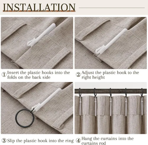 Miniatura 8 de Juego de 2 paneles de cortinas de ventana de cocina beige de 24 pulgadas de largo, con textura de lino, plisadas, filtrantes de luz, semi pequeñas