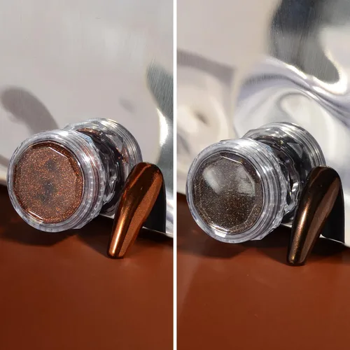 Miniatura 2 de Polvo cromado metálico marrón, 2 tarros estilo Maillard café marrón efecto brillo pigmento cromo polvo polvo puntas manicura con aplicadores