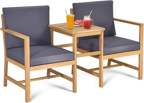 Tangkula Sofá biplaza de madera de acacia 3 en 1 con mesa auxiliar separable, juego de sillas de madera de 3 piezas con cojines, juego de muebles de