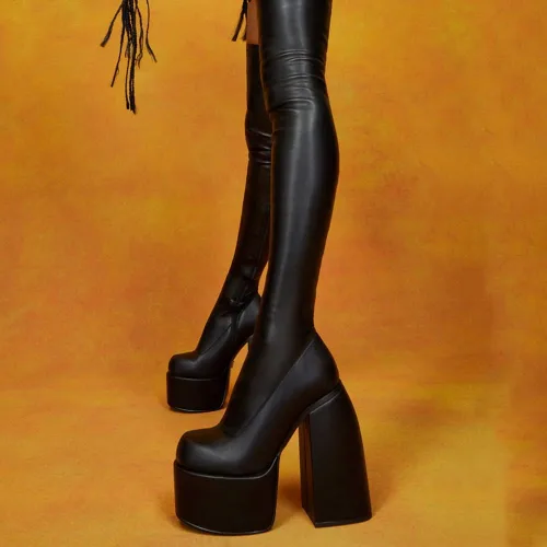 Miniatura 3 de AMINUGAL Womens Over The Knee Boots Platform Chunky Block High Heel Round Toe Zip Tight High Boots Gothic Punk Motorcycle Combat Boots
