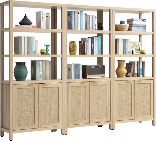 Miniatura 16 de Estantería SICOTAS de 5 niveles, estante de libros de ratán estilo bohemio de 71" de altura con puertas, estantes de almacenamiento, estanterías
