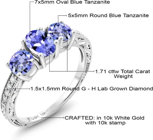 Miniatura 75 de Gem Stone King Anillo de compromiso de 3 piedras preciosas de oro blanco de 10 quilates con piedra natal y diamantes cultivados en laboratorio