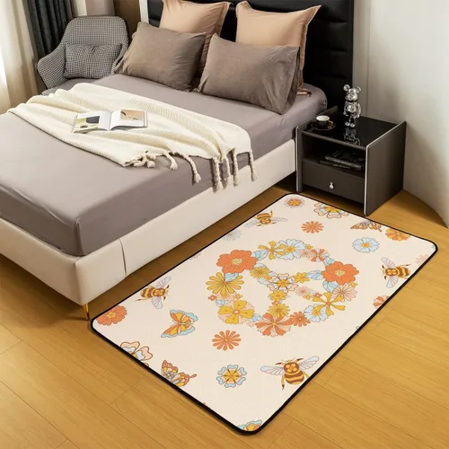 Miniatura 5 de jejeloiu Hippie Peace Art Living Room Rugs Retro Hippie Flower Area Rug for Kids Boys Teens Butterfly Bee Peace Sign Artwork 60S 70S Groovy Floral