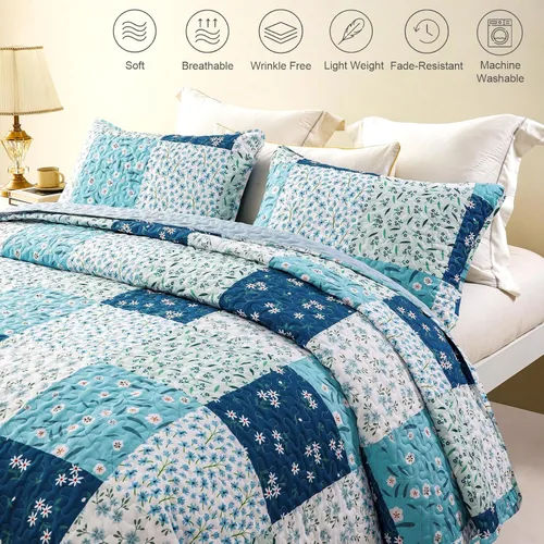 Miniatura 4 de Whale Flotilla Colcha de retazos tamaño individual, colcha floral bohemia extra suave para cama, reversible, ligero, juego de ropa de cama con 1 Azul