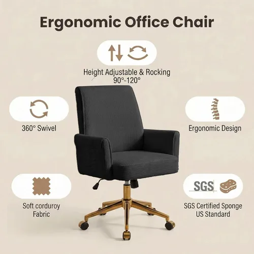 Miniatura 7 de Silla de escritorio de terciopelo con rayas para oficina en casa, silla tapizada moderna con altura ajustable y giro de 360°, con ruedas, silla