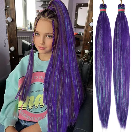 Miniatura 22 de Extensiones de cabello para trenzar verde+verde claro, preestiradas, 2 paquetes, con cabello plumoso pre-trenzado, extensiones de cabello