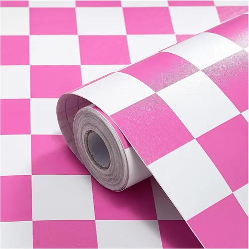 Papel Tapiz Moderno Despegar y Pegar Rosa y Blanco de Mosaico a Cuadros Papel de Contacto 17.7"x78.8" Papel Tapiz Autoadhesivo de Celosía Removible