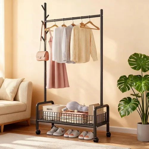 Miniatura 5 de Perchero con estantes de almacenamiento, perchero resistente con ruedas para dormitorio, sala de estar, organización de lavandería