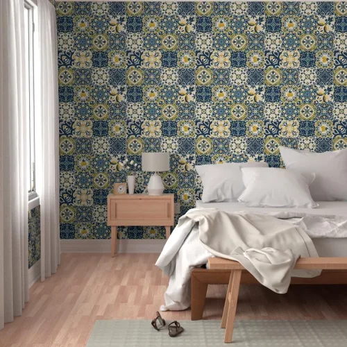 Miniatura 5 de Papel tapiz para despegar y pegar – Azulejos amarillos Limones Cheater Quilt Italiano Mediterráneo Azulejos Siciliano Karge Escala Toscana, Papel