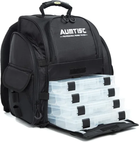AUMTISC Mochila para aparejos de pesca para hombres con 4 cajas de aparejos, 2 soportes para cañas, cubierta para lluvia, bolsas de equipo de pesca