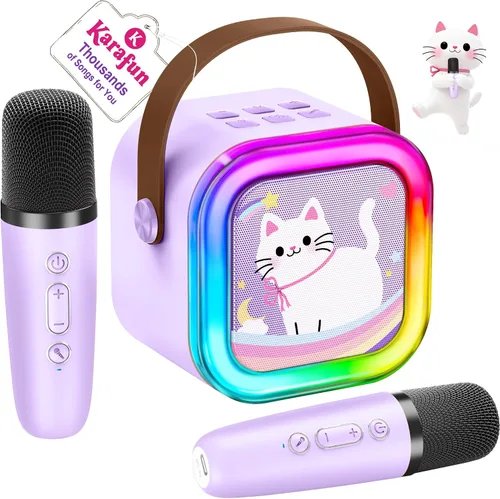 Miniatura 11 de IROO - Máquina de karaoke para niños y adultos, minialtavoz Bluetooth portátil con 2 micrófonos inalámbricos y luces de fiesta, para celular, regalo