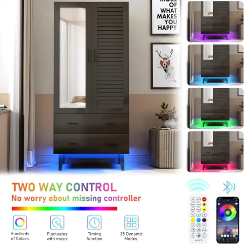 Miniatura 5 de Hlivelood Armario Ropero Closet de 2 Puertas con Espejo, Cajones y Luces LED, Estantes de Múltiples Niveles, Barra Colgante y 2 Puertas de Persiana