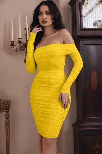 Miniatura 4 de GOKATOSAU Minivestido sexy y elegante para mujer, con volantes, manga larga, hombros descubiertos, fruncido, para fiesta