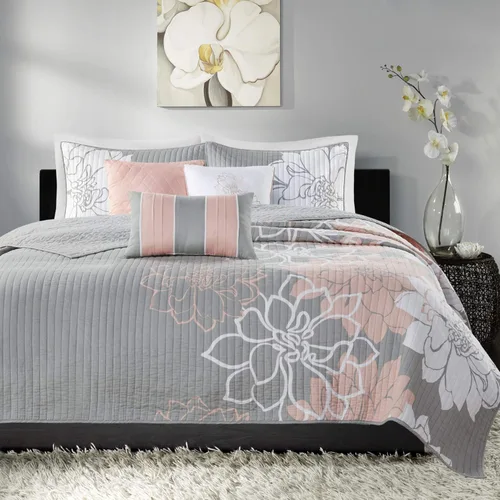 Madison Park Lola Juego de colcha 100 % algodón, informal, floral, puntadas en canal, 365 días, ligero, colcha, almohadas decorativas, fundas, Rubor