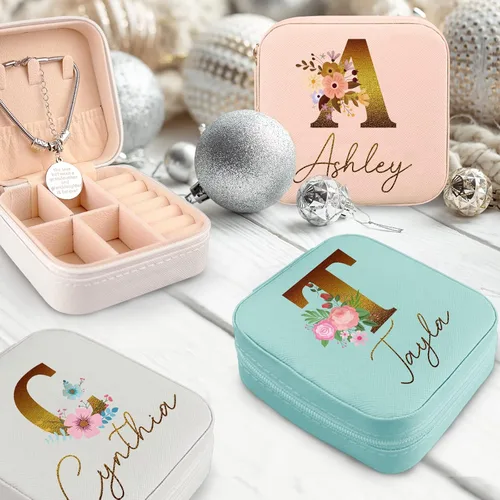 Miniatura 3 de Joyero personalizado para mujer, joyero de viaje personalizado con nombre, organizador de joyas de viaje para anillos, aretes, collares, regalos