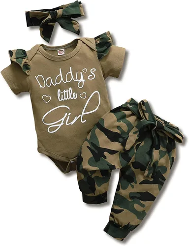AMAWMW Conjunto de ropa para bebé niña, mameluco con volantes para niña pequeña, pantalones de camuflaje, traje para bebé recién nacido