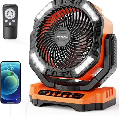 Miniatura 8 de AddAcc Ventilador de camping recargable de 20000mAh - Ventilador operado por batería con luz y control remoto, oscilación automática, temporizador
