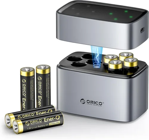 ORICO Baterías de litio AA recargables con cargador (8 unidades, 1.5 V), recarga hasta 1500 ciclos, cargador rápido de 2.5 horas, baterías de iones