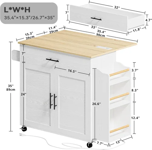 Miniatura 6 de IRONCK Isla de cocina con almacenamiento, isla de cocina rodante con hoja abatible, 3 estantes abiertos para especias, gabinete con puerta, cajón