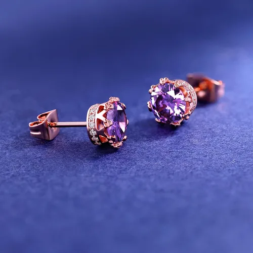 Miniatura 10 de MDFUN Aretes chapados en oro rosa para mujer, 0.236 in, corona brillante redonda, piedra natal, regalo de cumpleaños
