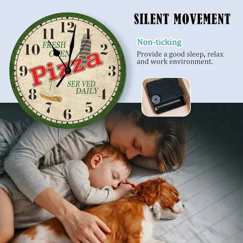 Miniatura 6 de Reloj redondo para pizza, para sala de estar, cuarzo, de madera, redondo, silencioso, de 10 x 10 pulgadas, reloj de madera retro para escuela